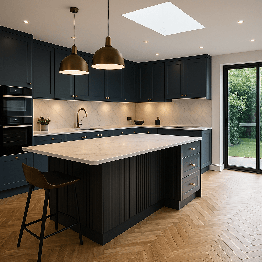 Luxury blue kitchen remodel London